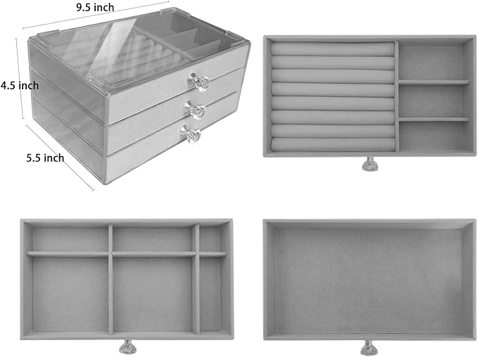 Clear Acrylic Velvet Jewelry Organizer with 3 Drawers, Stackable Display Storage Earrings Necklace Rings Bracelets Box Holder Case for Women, Grey