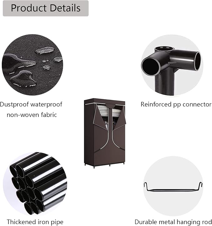 SORCEDAS Portable Wardrobe Closet Storage Organizer Metal Hanging Rack Non-Woven Fabric 34 Inch Coffee (34 Inch, Coffee)