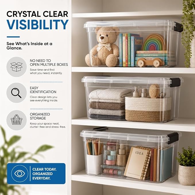 Superio Clear Storage Box with Lid, 13.7 Quart Plastic Container Bins for Organizing, Stackable Crates, BPA Free, Non Toxic, Odor Free, Organizers for Home, Office, School, and Dorm