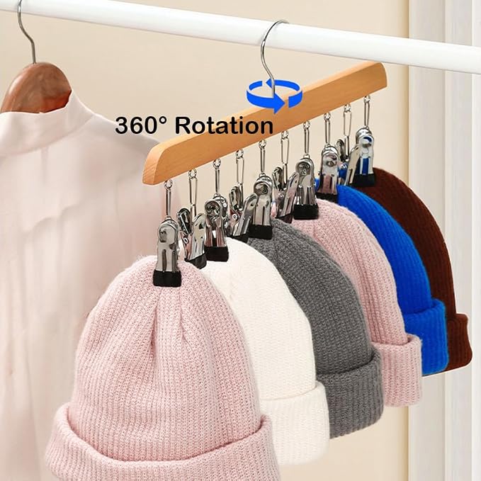 8 Pack Hat Hangers Bulk for Closet Display, Wooden Hat Storage Organizer with 80 Metal Clips for Baseball Caps, Summer Hat Rack for Beanie, Skullies, Visors, Walnut Brown Color