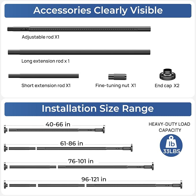 ALLZONE Adjustable Tension Curtain Rod, 40-121 inches, Heavy Duty Curtain Rods No Drilling, Anti-Slip Tension Rod for Window, Shower, Outdoor & Patio, Easy to Install, 1.26In Diameter, Black