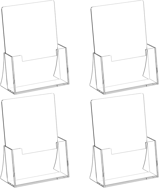 Acrylic Brochure Holder 8.5 x 5.5 Inch 4 Pack, Clear Acrylic Bi-fold Flyer Holder, Brochure Display Stands for Pamphlets, Magazines, Leaflets, Literatures, Booklets, Desk Holder, Countertop Organizer