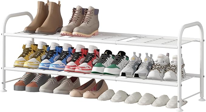 LINZINAR 2 Tier Long Shoe Rack for Closet Metal Shoe Organizer for Entryway | Spacious design stores 15+ pairs of shoes,durable metal frame,space-saving organizer for closet, hallway, and Entryway White