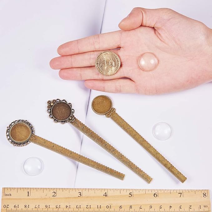 SUNNYCLUE 12PC DIY 6 Sets Ruler Pendant Tray Kit Round Cabochon Setting Blanks with Clear Domed Glass Cabochon for Alloy Bookmark Making, Antique Bronze