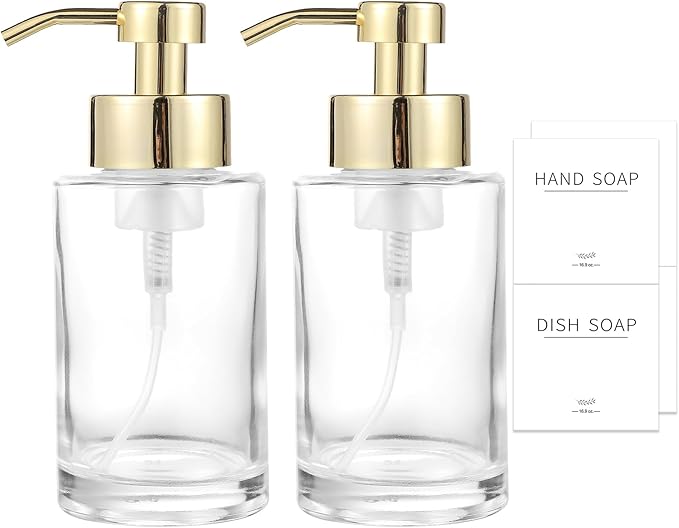 Glass Foaming Soap Dispenser Set with 304 Stainless Steel Pump 12oz 2 Pack | Rust Proof Gold Pump, Sturdy, Clear Empty Foam Bottle with Waterproof Labels for Bathroom Decor Kitchen Colleage Dorm