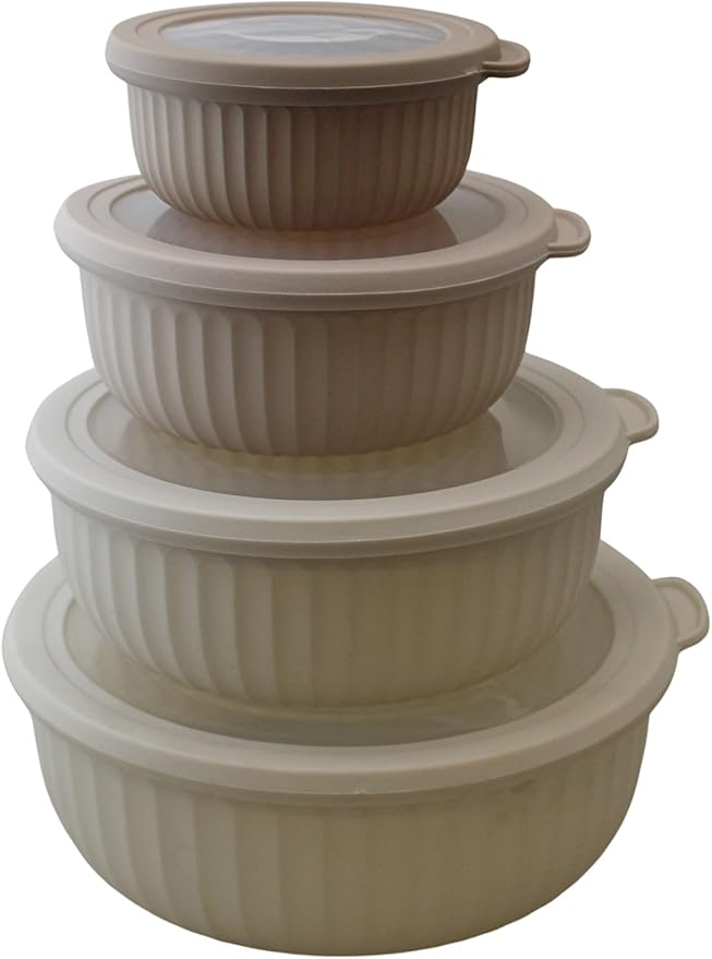 Set of 4 BPA-Free Round Food Storage Containers Vented Lids Assorted Sizes, Microwave & Freezer Safe Nesting Design for Leftovers Meal Prep Fridge Organization Dry Grains (Ivory)