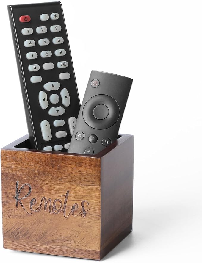 LBEMEY Acacia Wood TV Remote Holder, Caddy and Organizer for Table, Vintage Farmhouse Desk Caddy (Brown for 2 or 3 Remote Controls)