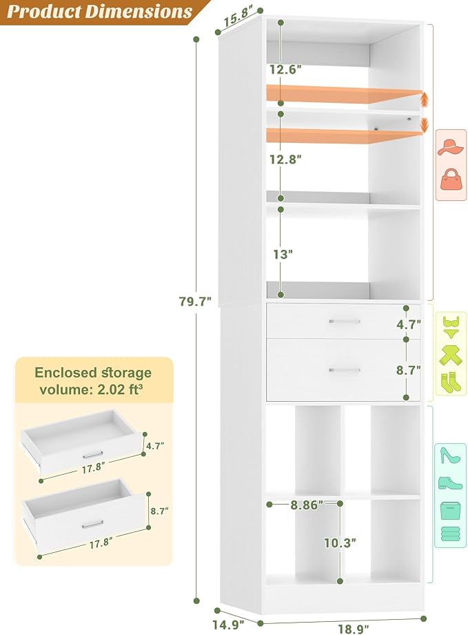 Besiost 18.9" Small Closet System with Drawers, Walk-in Closet Organizer | Small Closet Organizer for Walk in Closet, Bedroom & Nursery, Wardrobe Storage Unit, Enclosed Storage Volume 2.32 ft³, White