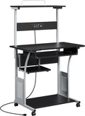 Topeakmart Rolling Computer Desk with Charging Station and 2 USB Ports for Small Space, Study Writing Desk with Keyboard Tray and Printer Shelf for Home Office, Compact Study Table with Wheels, Black