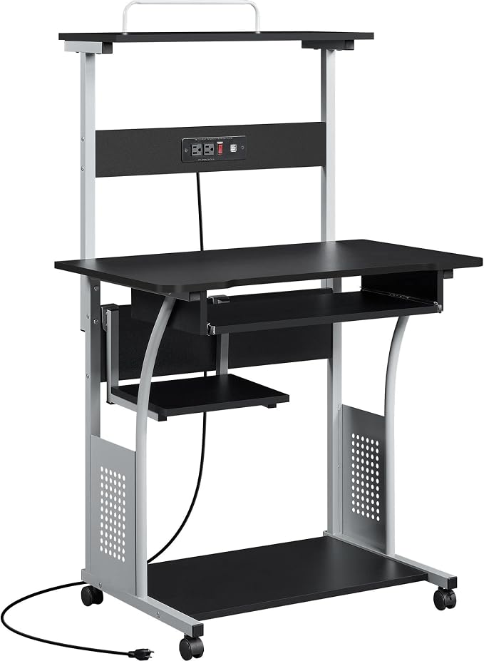Topeakmart Rolling Computer Desk with Charging Station and 2 USB Ports for Small Space, Study Writing Desk with Keyboard Tray and Printer Shelf for Home Office, Compact Study Table with Wheels, Black