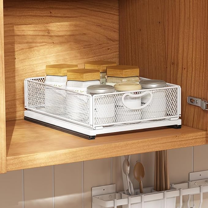 GC Pull out Cabinet Organizer Fixed with Adhesive Nano Film Heavy Duty Slide out Pantry Shelves Drawer Storage under sink organizer Sliding Mesh Cabinet Basket with Handle for Kitchen (Small)