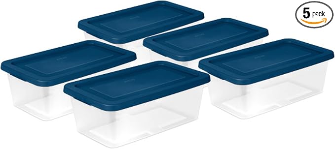Sterilite Set of 5 Storage Boxes, Clear Plastic Stackable Containers, Lightweight Home Organizers with Snap Lids, 6 Quart, Marine Blue