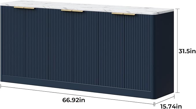 Evermagin 67" Fluted Navy Blue Buffet Cabinet with Storage | Mid-century modern wood sideboard, large credenza with 6 doors for kitchen or living room, 67"W x 31.5"H x 15.7"D