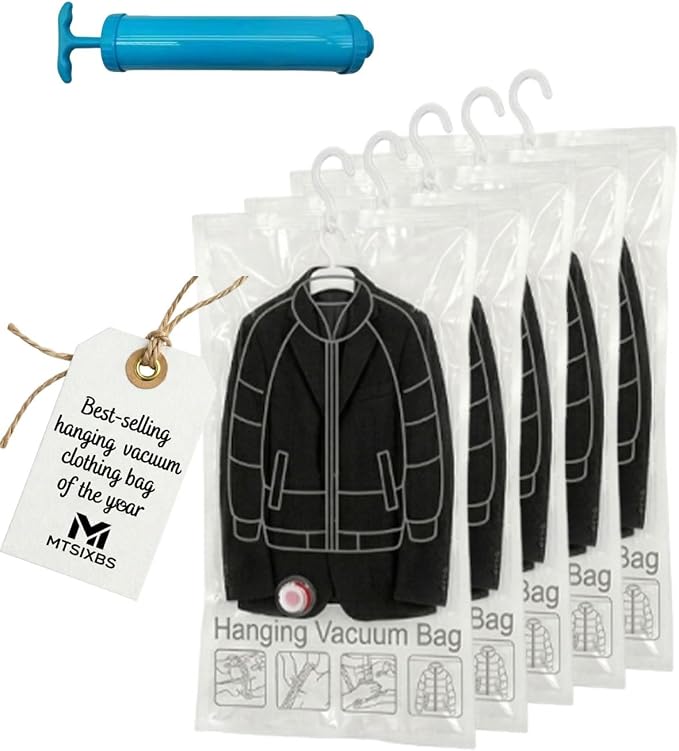 5 Pack Hanging Vacuum Storage Bags, Sealer Bags for Clothing Compression Suits and Jackets Travel and Home Organization Reusable Space Saver Three Sizes Large Medium and Small