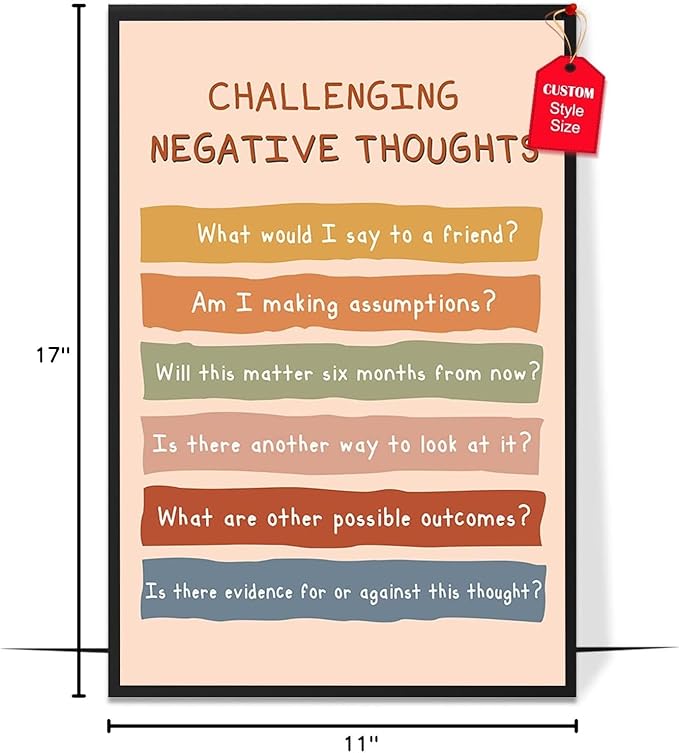 LOLUIS Mental Health Poster, Boho Therapy Tools Educational Supplies Art Print Classroom School Office Decor (Challenging Negative Thoughts, Custom Frame Type)