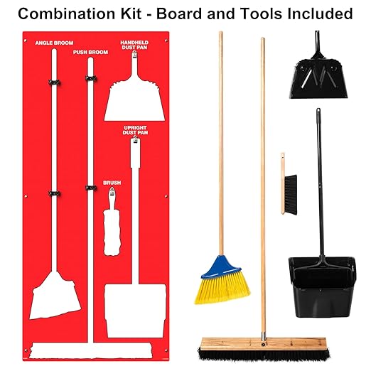 Clean & Sweep 5S Shadow Board/Wall Mount Broom Holder, 68" x 30" Board, 5S Cleaning Station - with Broom and Dustpan Set Included, Made in The USA by AccuformNMC, Red/White, PSB716RDWT