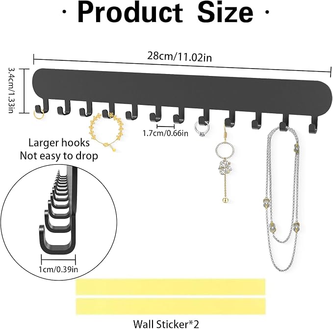 Necklace Holder - Wall Hanging Jewelry Organizer | Self-Adhesive Wall Mounted for Necklaces, Bracelets, 2 Pack, Black
