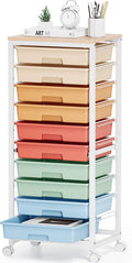 SYKIARIOL Rolling Cart with Drawers,10 Drawer Rolling Cart,Storage Cart with Wheels,Utility Cart with Drawers,Teacher Cart for Classroom Storage,Craft Cart with Wheels and Wooden Tabletop,Rainbow
