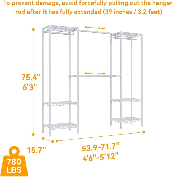 Higeego H10 Expandable Clothes Rack Clothing Rack for Hanging Clothes, Heavy Duty Garment Rack, Freestanding Wardrobe Closet Organizer with Hanger Rods, Extendable from 4.6 to 5.1 ft, White