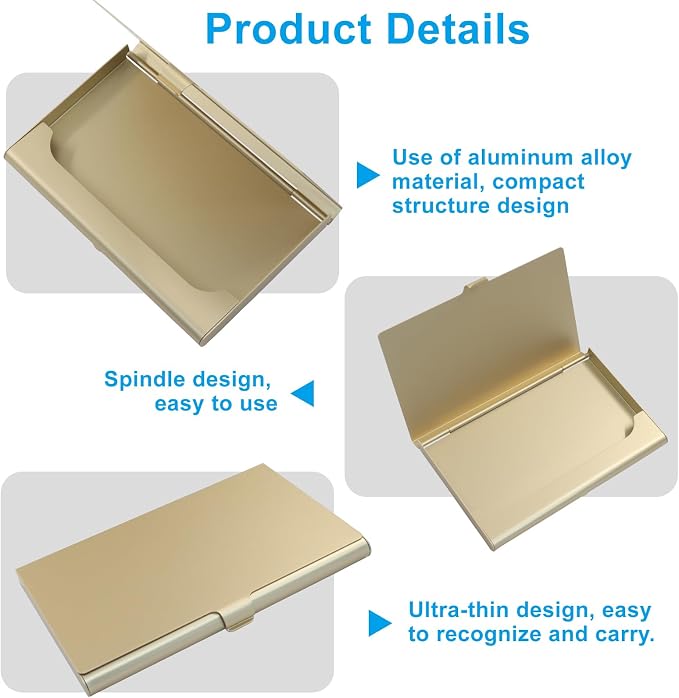 2 Pack Slim Business Card Case, Professional Pocket Metal Case with Buckle Closure, Card Holders for Men and Women, Champagne Gold
