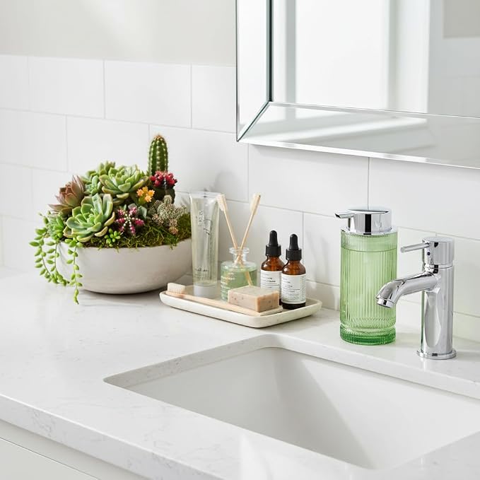 14 Oz Foaming Soap Dispenser, Green Glass Soap Dispenser, Refillable Foam Pump Bottle Lotion Container with Silver Pump, Decorative Slim Ribbed Bottle for Bathroom and Kitchen Decor