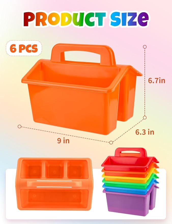 6 Pack Classroom Caddy Organizer with Handle, Table Caddy Classroom | 4 Compartments, 9×6.3×6.7 inches, Thick Durable PP Plastic, Built-in Handle, Stackable Design, for Classroom Desk Office Home
