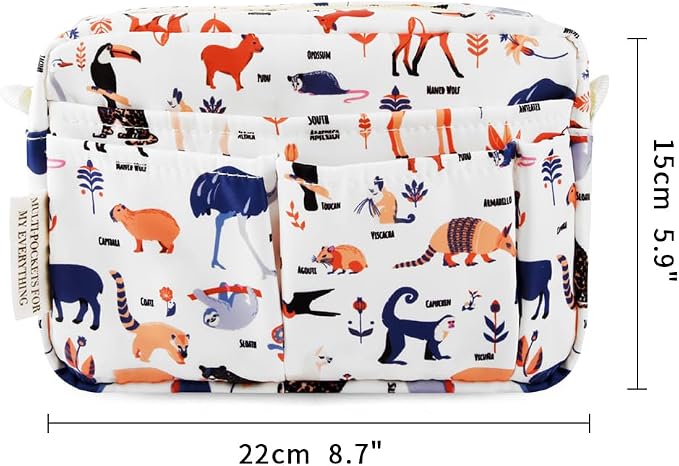 E-WEICHEN Multiple Pockets Portfolio Organizer with Zippered, Makeup Bag Travel Essentials for Women, Simple Waterproof Stationery Pencil Pouch Bag for Journal Office Art Supplies.White Zoo
