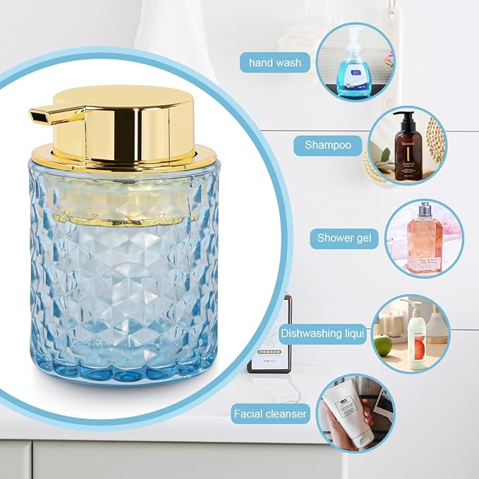 10 Oz Glass Hand Soap Dispenser with Pump, Refillable Bathroom Gold Foaming Soap Dispenser, Vintage Glass Diamond Lotion Container Bottle for Bathroom and Kitchen (1, Blue and Gold)