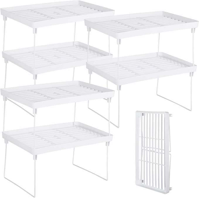Homaisson 6 PCS Cabinet Storage Shelf Rack, Foldable Cabinet Organizer Shelf, White Stackable Plastic Kitchen Storage shelves Foldable Rack for Kitchen, Fridge, Bathroom