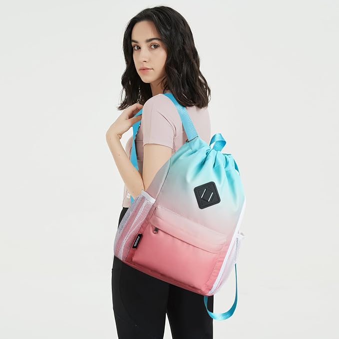 WANDF Drawstring Backpack with Shoe Compartment, Sports Gym Bag | Multi-Pocket Storage, Water-Resistant Fabric, Cinch String Bag