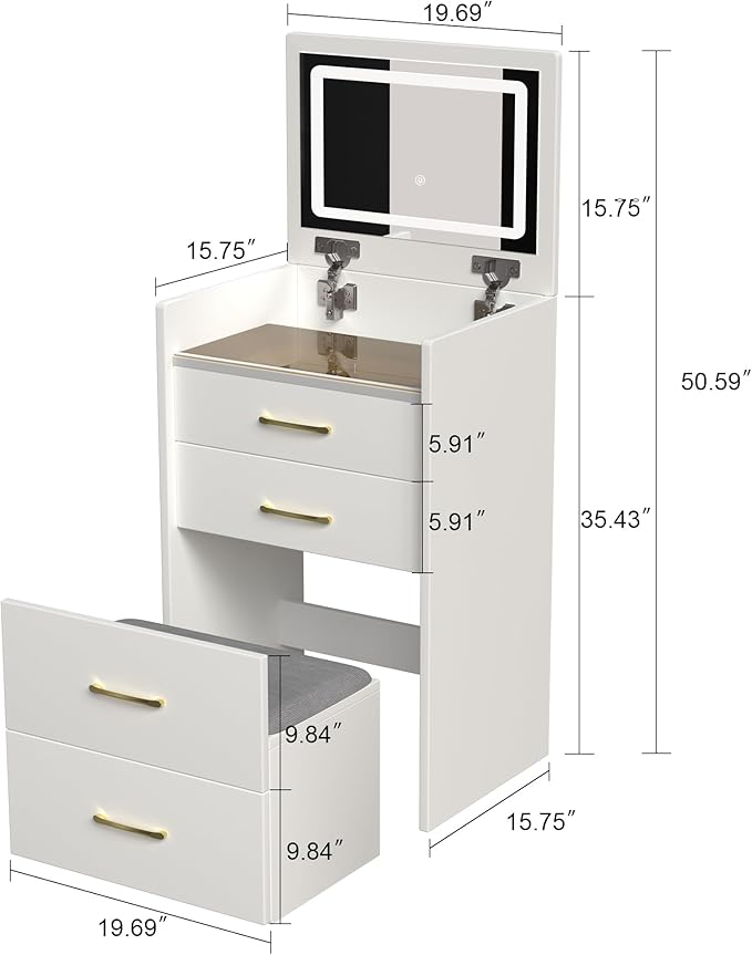 3 in 1 Vanity Desk with Mirror and Lights,Small Make Up Vanity Set with Visible Glass Desktop,Compact Makeup Vanity with 3 Drawers & Chair, Dressing Table for Bedroom