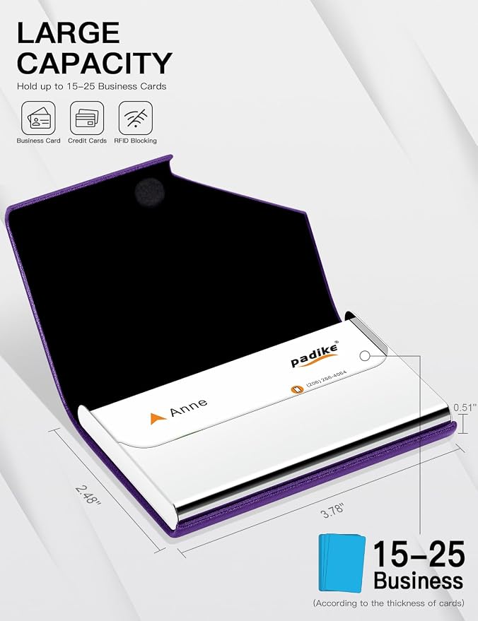 Padike Business Card Holder, Upgraded Leather Business Card Case Pocket Card Holders for Men or Women, Metal Slim Name Card Holder RFID Blocking Business Card Carrier with Magnetic Closure(Purple)