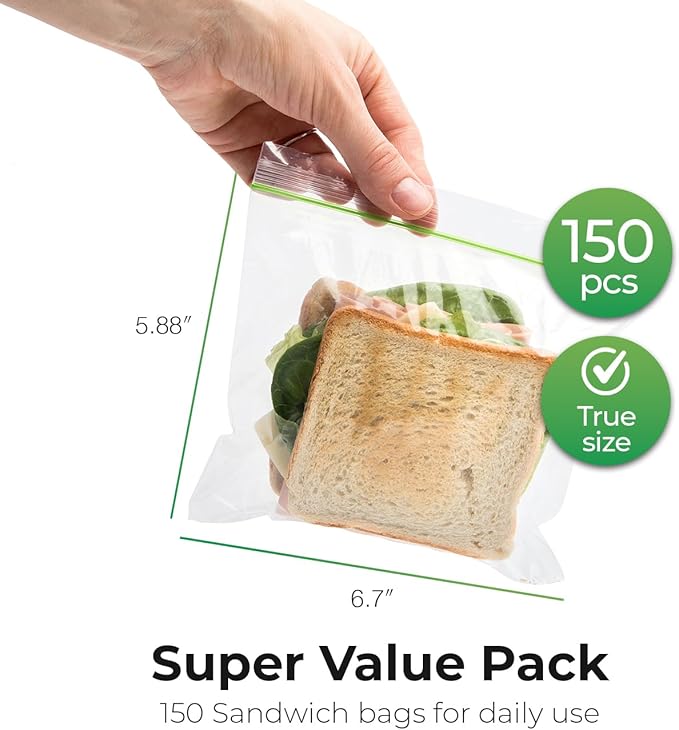 Sandwich Bags 150 Count Resealable, Super Strong Zipper 5.9" x 6.7" Size Perfect For School, Work and Lunch Prep Reusable Sandwich Bags