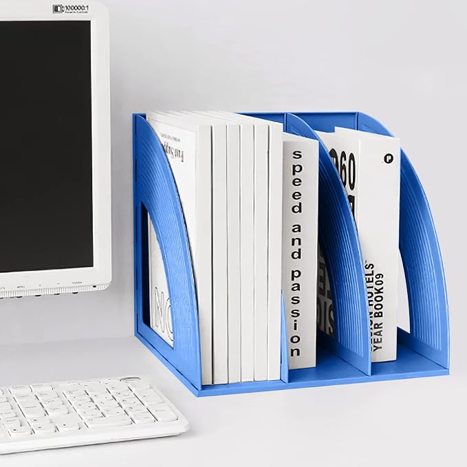 A4 File Holder Magazine File Folder Desk Organizer, Compartments Bookshelf Document Divider Paper Box Bookends for Office Home Organization and Storage Racks (Blue, 3 Compartments)
