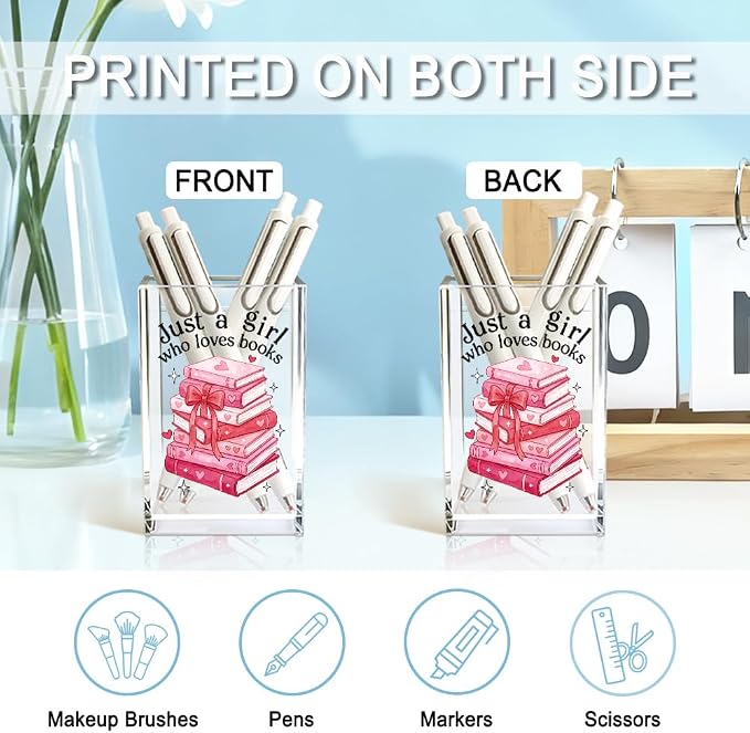 Just A Girl Who Loves Books Acrylic Pencil Holder Cup, Funny Floral Books Desk Organizer for Book Lover Bookish Bookworms Readers, Women Empowerment Gifts for Daughter Girls Sister BFF (Red)
