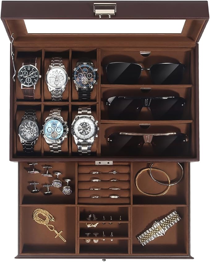 Kukikan Watch Jewelry Box Organizer, 6-Slot 2-Layer Watch Case and Sunglasses Storage with Large Glass Lid, Men's Jewelry Box with Lock, Watch Holder Display Case, Fathers Day Gift for Dad