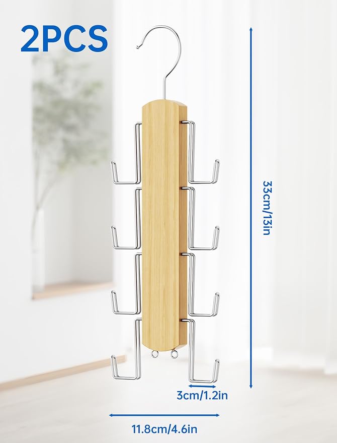 NiHome Wooden Purse Organizer for Closet, 8 Extra-Wide Metal Hooks Handbag Hanger, Space-Saving Hanging Bag Holder & Purse Rack for Closet Organization (Natural, 2 Pack)