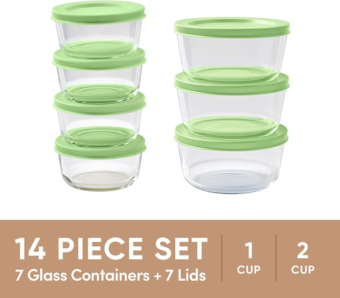 14-Piece Glass Food Storage Containers Set (7 Containers + 7 BPA-Free Lids) | 1-Cup & 2-Cup, Leakproof | Microwave, Freezer, Oven & Dishwasher Safe | Ideal for Meal Prep & Pantry Organization, green