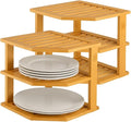 Bamboo Plate Organizer for Cabinet, 3 Tier Corner Shelf Riser, 2 Pack | Holds heavy stacked dishes mugs bowls, non slip feet, tool included easy assembly, kitchen pantry bathroom counter storage