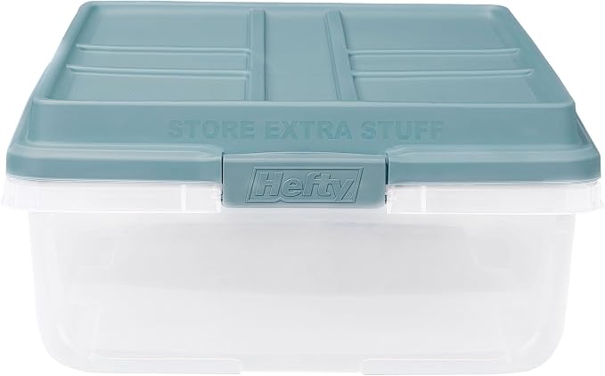 Hefty 40 Quart Hi-Rise Storage Bin with Lid, Stackable Plastic Container Tote for Home, Office, and Classroom Organization, 6 Pack, Smoke Blue