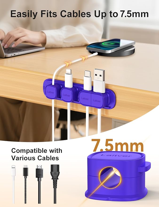 6 Pack Magnetic Cable Clips [1s Open/Lock], Cord Organizer Holder | Strong Adhesive Desk Cable Management- Organize Charging Cords Neatly for Home, Office, Car,Desk, Nightstand-Dark Blue