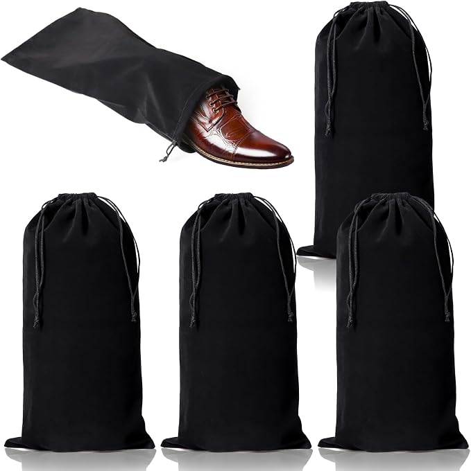 hoe Dust Bags, 4 Pack Black Duster Flannel Single Shoe Pouch with Drawstring Closure, 8x17" Shoe Bags for Travel, Home, Luggage, Handbags, Accessories, Men, and Women