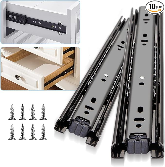 YENUO 10 Pairs 3-Fold Full Extension Drawer Slides Ball Bearing 10–24 Inch | Cabinet Drawer Glides Heavy Duty 100LB Smooth Quiet Rails Easy to Install 10–24 Inch for Kitchen Dresser Furniture Hardware
