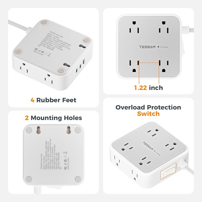 TESSAN Surge Protector Power Strip, 5 Ft Flat Plug Extension Cord with 3 USB (2 USB C) 8 Outlets, 900J Protection, 3 Sided Outlet Extender with Power Switch for Office, Dorm Room, Grey