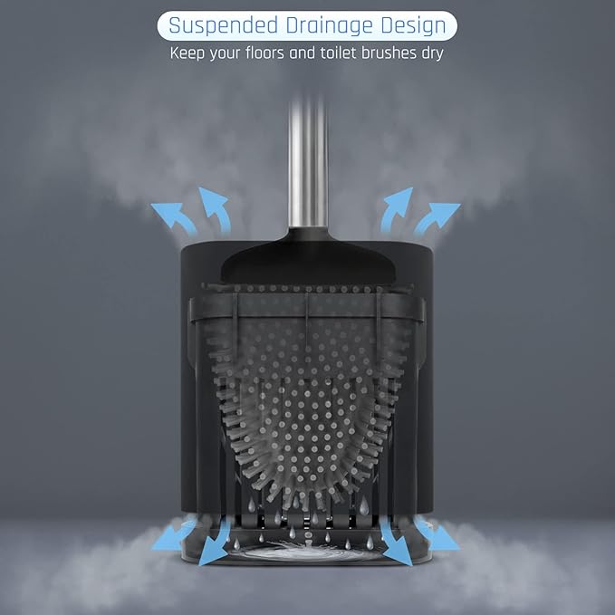 Sellemer Silicone Toilet Brush, Ventilation Slots Base Holder 3 Pack, Black | Flexible Bristles Flat Head for Rim, Hair Tangle-Free, Easy to Clean, Compact Design, Rustproof Handle, for Toilet/Sink/Tub