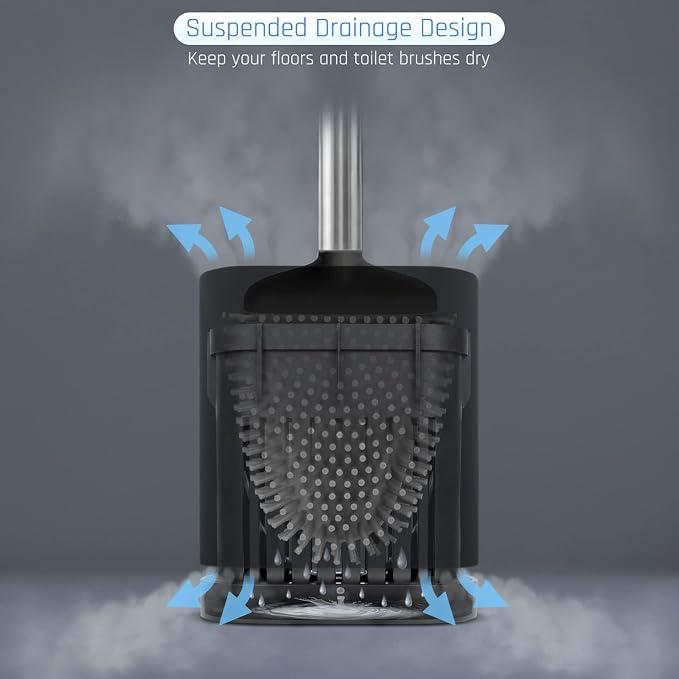 Sellemer Silicone Toilet Brush, Ventilation Slots Base Holder 2 Pack, Black | Flexible Bristles Flat Head for Rim, Hair Tangle-Free, Easy to Clean, Compact Design, Rustproof Handle, for Toilet/Sink/Tub