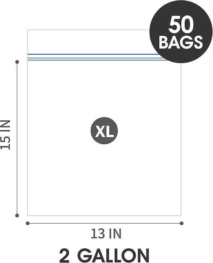 Jumbo 2 Gallon Storage Bags, Strong Double Zipper Seal, 50 Count, 2.5 Mil Thick, Microwave-Safe, BPA-Free, Drawer Friendly, 2 Box of 25