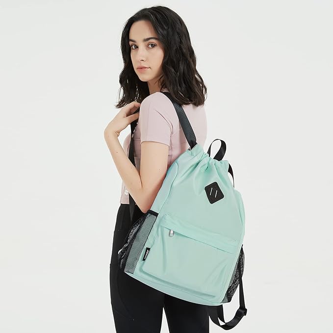 WANDF Drawstring Backpack with Shoe Compartment, Sports Gym Bag | Multi-Pocket Storage, Water-Resistant Fabric, Cinch String Bag