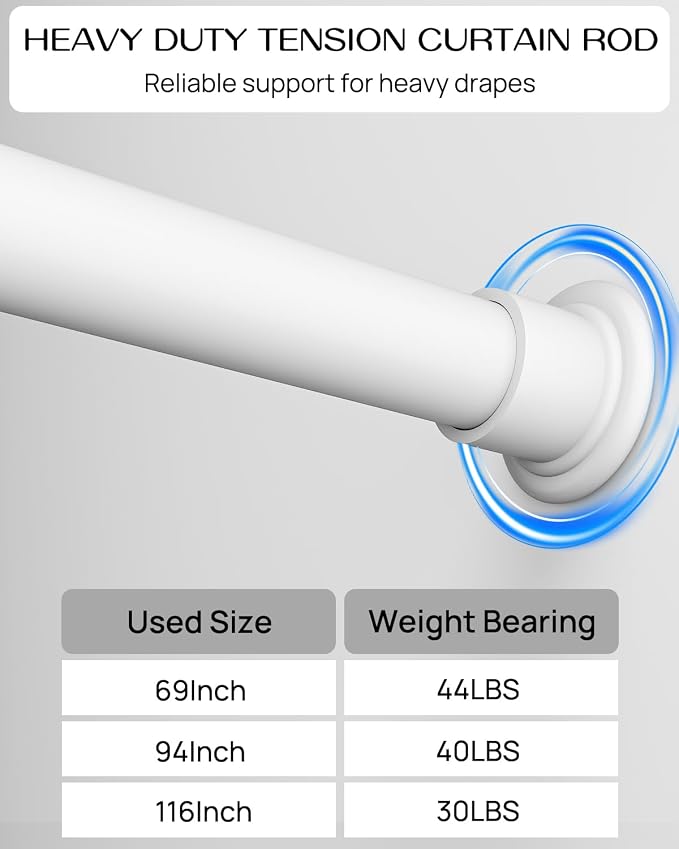 Tension Curtain Rod by EZFurni, 2 Sets 42-123 Inches, Heavy Duty Tension Rods for Windows, No Drilling Adjustable Curtain Rod for Patio, Hold Up Blackout Curtains and Non Slip, White