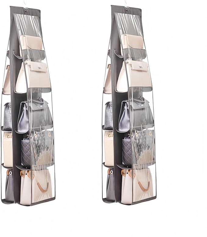 HAN SHENG 10 Pockets Clear Handbag & Purse Organizer Hanging Bag Storage - Space Saving Hanging Shelf for Closet, Wardrobe, Over Door (2 Pack, Grey)